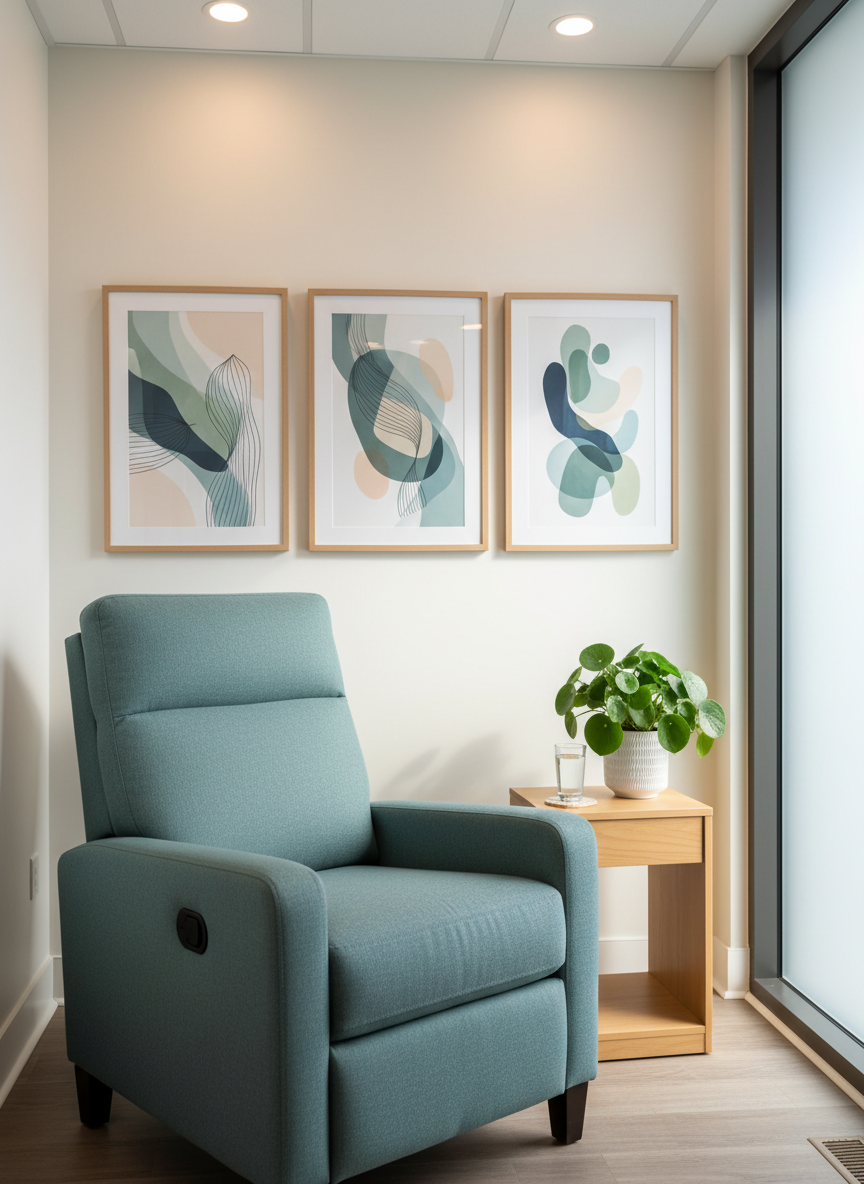 A serene wellness care nook within a clinic in photographic realism, featuring a comfortable, fabric-covered reclining medical chair in muted teal beside a compact, light wood side table holding an empty glass and a small, leafy plant. On the wall, abstract framed prints suggest health and balance without using text or identifiable symbols. Soft, warm-white ceiling lights combine with subtle window daylight, creating gentle shadows and a calm glow across the space. Shot at eye level using the rule of thirds, the composition emphasizes comfort, preventive care, and a patient-centered atmosphere, ideal for illustrating wellness services in a professional medical setting.
