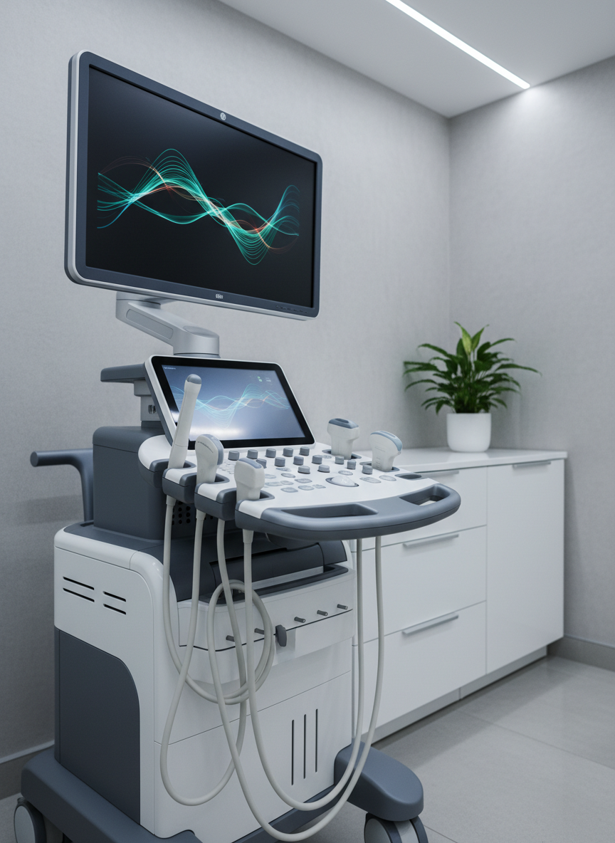 A high-tech diagnostic imaging corner in photographic realism, showcasing a modern ultrasound machine with a large, softly glowing screen displaying abstract, non-specific patterns instead of real anatomy. The machine’s smooth white and silver surfaces gleam under cool, even overhead lighting, with probes and cables neatly arranged on built-in hooks. Behind it, a light gray wall and minimalist storage cabinet keep the scene uncluttered, while a small indoor plant adds a touch of warmth. Captured at a three-quarter angle with moderate depth of field, the composition highlights precision, cleanliness, and advanced diagnostic capabilities without clutter, suitable for a diagnostic clinic services page.